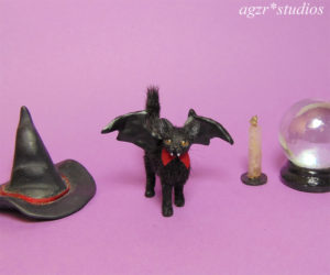 1:12 miniature black kitten cat bat wings vamp teeth handmade  furred
