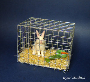 ooak 1:12 miniature white rabbit bunny & cage handmade for dollhouse diorama roombox