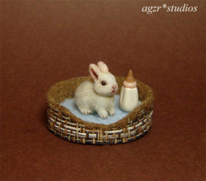 ooak 1:12 miniature baby white rabbit bunny handmade furred bed