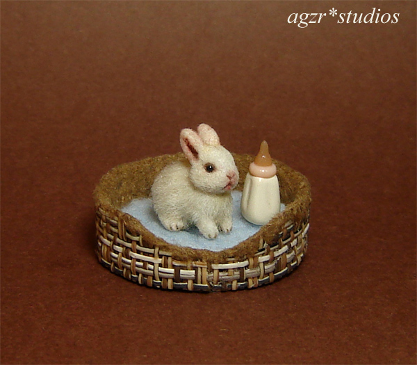 ooak 1:12 miniature baby white rabbit bunny handmade furred bed