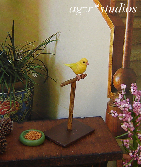 1:12 miniature canary yellow bird handmade realistic & perch