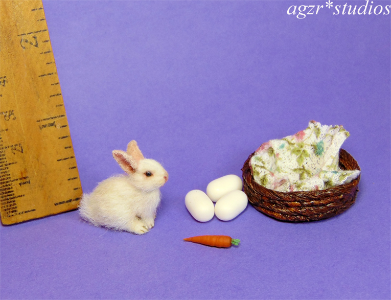 1:12 dollhouse furred miniature white bunny rabbit