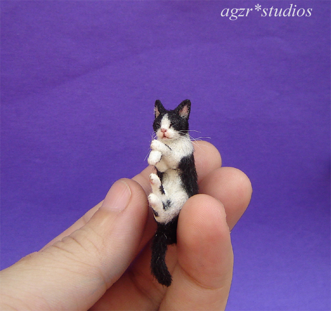 Ooak 1:12 sleeping black white cat handmade & furred realistic