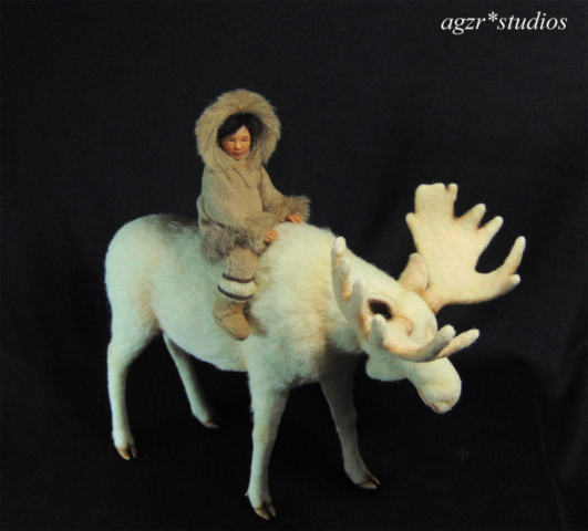 The little inuit with white moose 1:12 scale dollhouse diorama collector art
