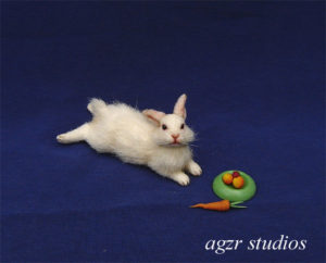 1:12 furred miniature lying white bunny dollhouse realistic