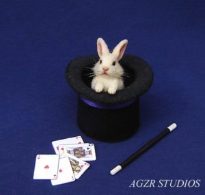 1:12 miniature white bunny rabbit inside magician top hat magic wand cards funny