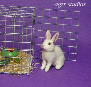 1:12 furred miniature white bunny rabbit cage ooak realistic