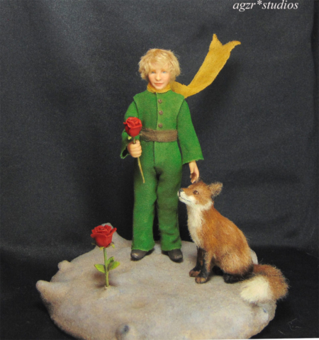 The little prince & fox 1:12 scale Miniature sculpture doll handcrafted in polymer clay for roombox dollhouse agzr studios
