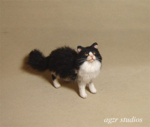 miniature 1:12 dollhouse cat lonhaired black white realistic furred ooak