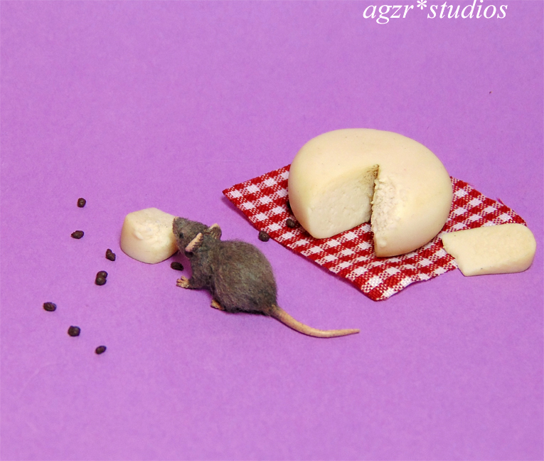 1:12 scale furred miniature grey rat mouse eating cheese handmade
