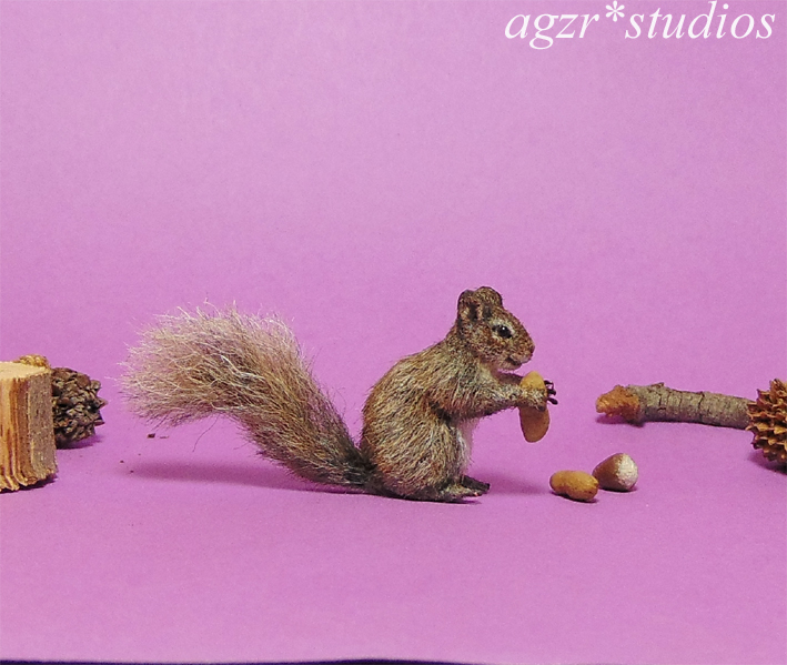 Handmade 1:12 miniature gray squirrel with a peanut realistic animal pet