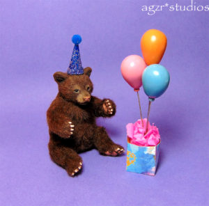 Ooak 1:12 scale grizzly bear cub with party hat