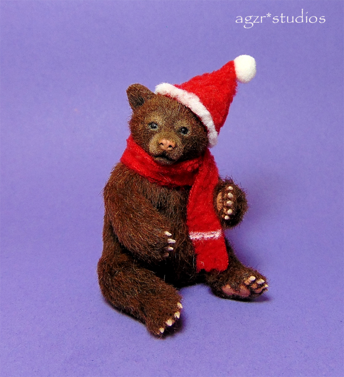 Ooak 1:12 scale grizzly bear cub with Santa Christmas hat